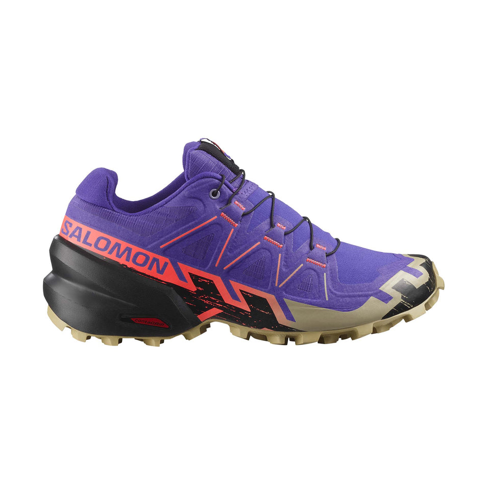 Lateral view of the right shoe from a pair of Salomon Women's Speedcross 6 Running Shoes in the Liberty/Black/Neon Flame colourway. (8721041555618)