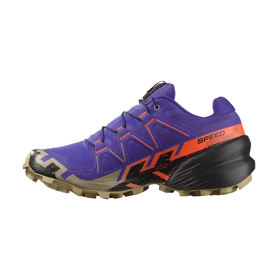 Medial view of the right shoe from a pair of Salomon Women's Speedcross 6 Running Shoes in the Liberty/Black/Neon Flame colourway. (8721041555618)