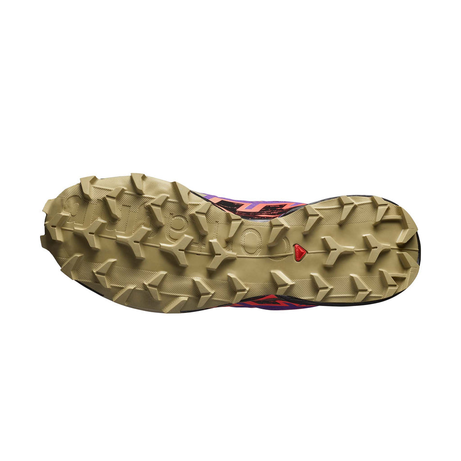 The outsole of the right shoe from a pair of Salomon Women's Speedcross 6 Running Shoes in the Liberty/Black/Neon Flame colourway. (8721041555618)