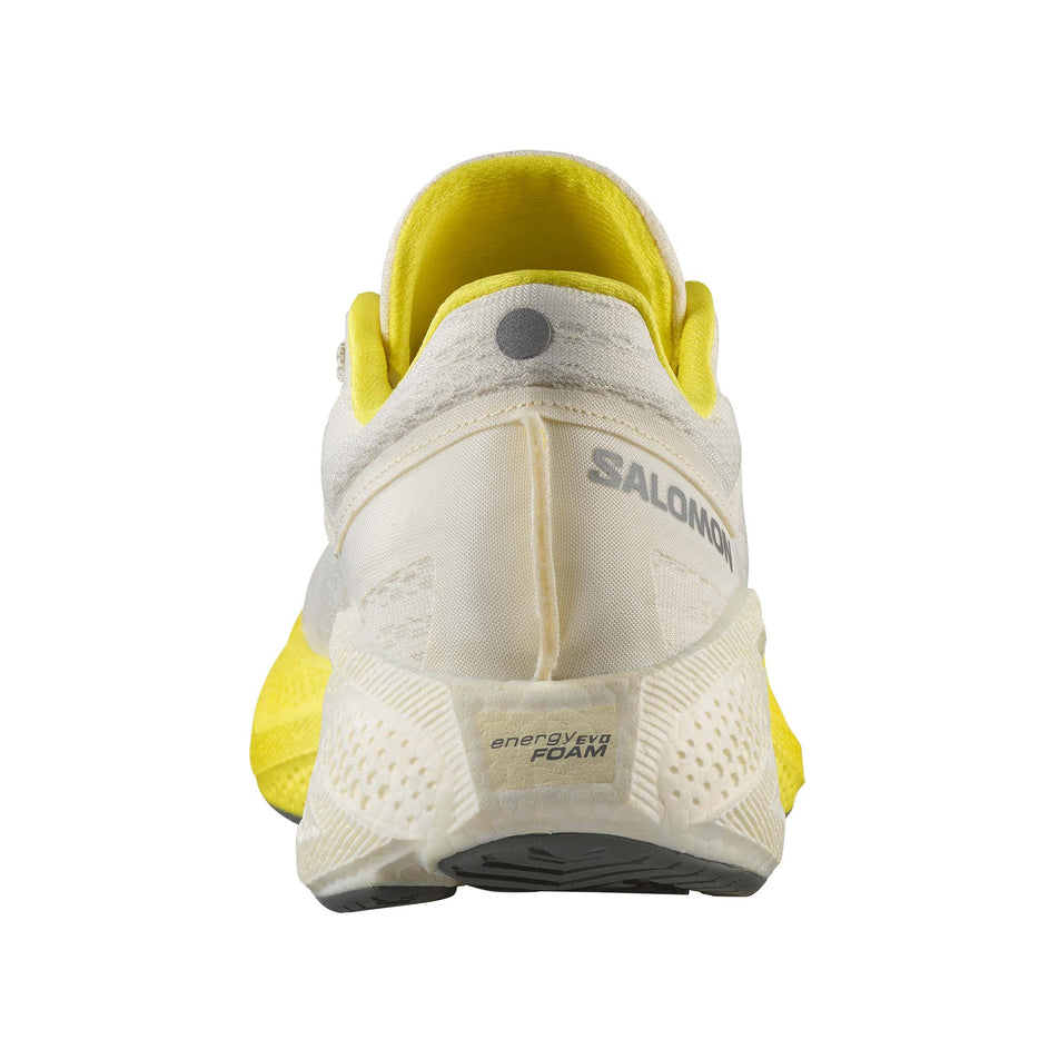 The back of the right shoe from a pair of Salomon Men's Aero Glide 3 Running Shoes in the Vanilla Ice/Blazing Yellow/Sedona Sage colourway. (8721013538978)