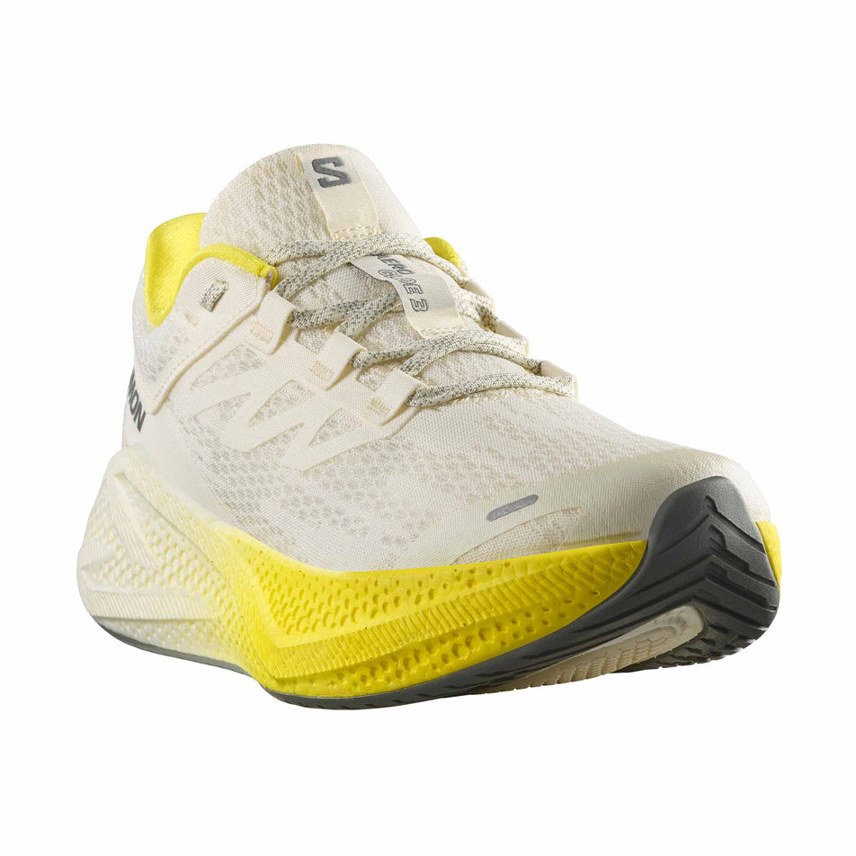 Lateral view of the right shoe from a pair of Salomon Men's Aero Glide 3 Running Shoes in the Vanilla Ice/Blazing Yellow/Sedona Sage colourway. (8721013538978)