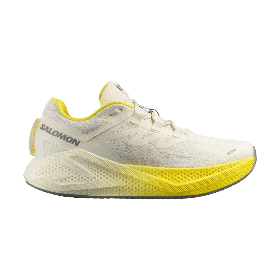 Lateral view of the right shoe from a pair of Salomon Men's Aero Glide 3 Running Shoes in the Vanilla Ice/Blazing Yellow/Sedona Sage colourway. (8721013538978)