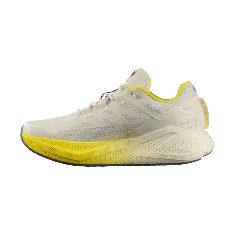 Medial view of the right shoe from a pair of Salomon Men's Aero Glide 3 Running Shoes in the Vanilla Ice/Blazing Yellow/Sedona Sage colourway. (8721013538978)