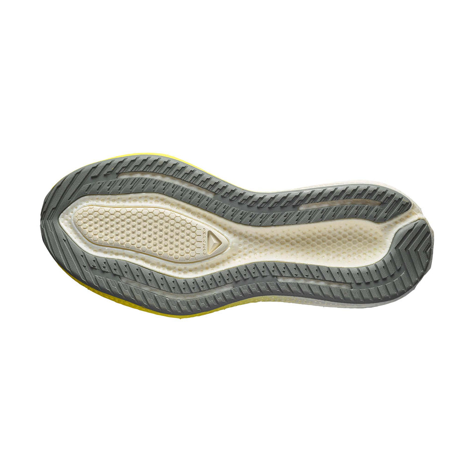The outsole of the right shoe from a pair of Salomon Men's Aero Glide 3 Running Shoes in the Vanilla Ice/Blazing Yellow/Sedona Sage colourway. (8721013538978)