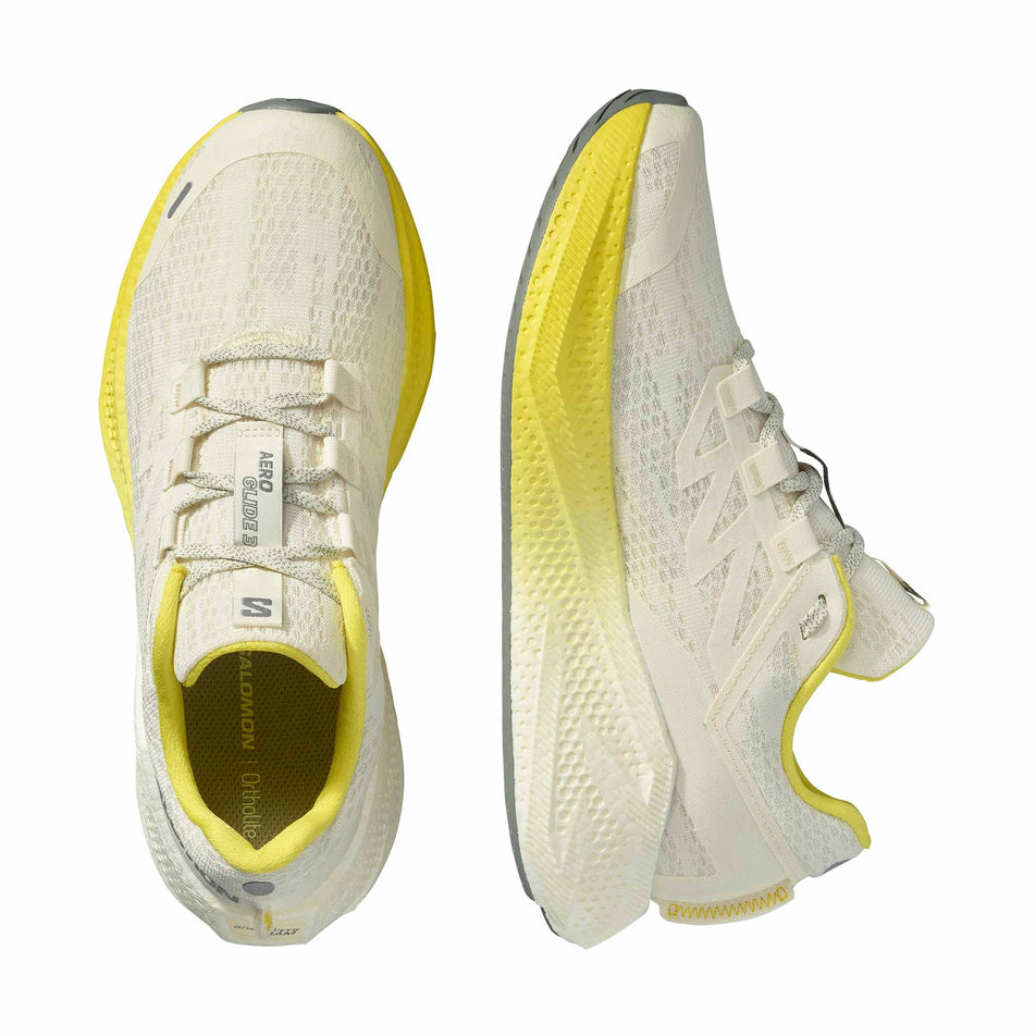 A pair of Salomon Men's Aero Glide 3 Running Shoes in the Vanilla Ice/Blazing Yellow/Sedona Sage colourway. (8721013538978)