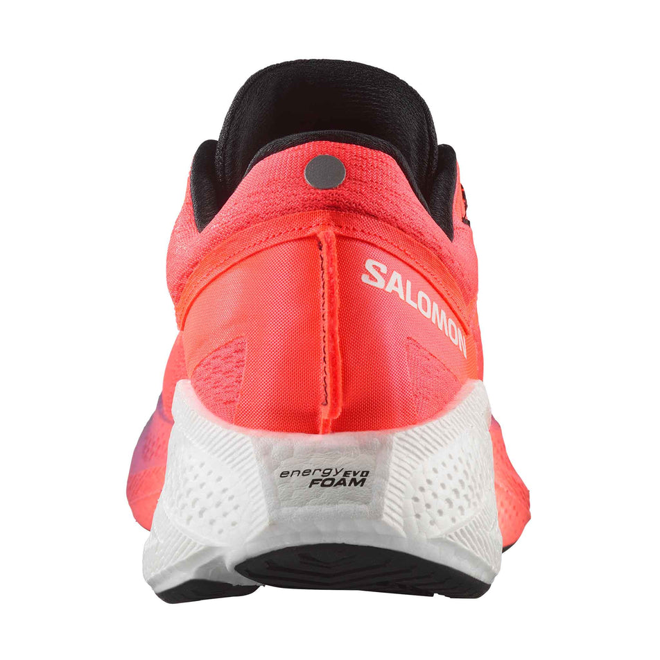 Back view of the right shoe from a pair of Salomon Men's Aero Glide 3 Running Shoes in the Neon Flame/White/Black colourway. (8783447195810)