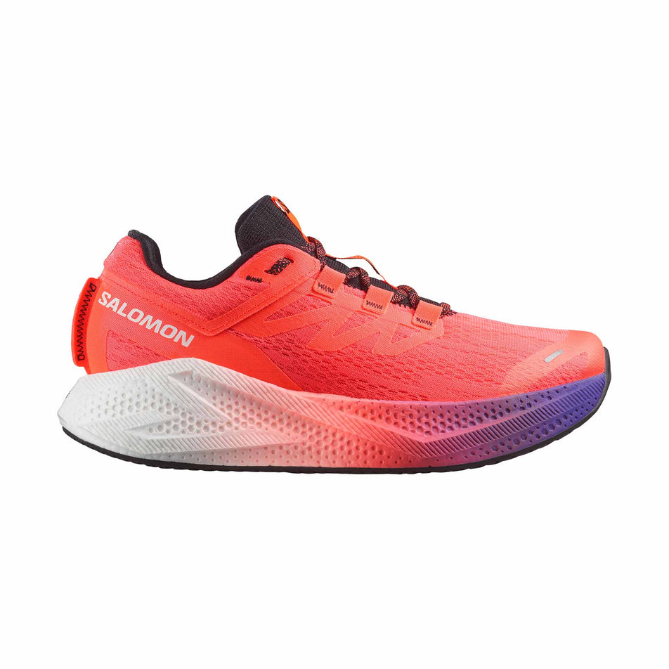 Lateral view of the right shoe from a pair of Salomon Men's Aero Glide 3 Running Shoes in the Neon Flame/White/Black colourway. (8783447195810)