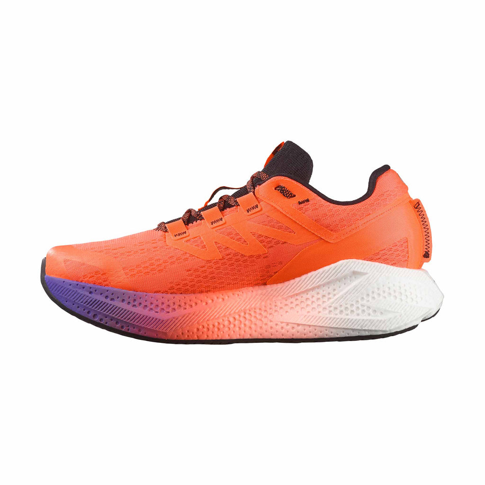 Medial view of the right shoe from a pair of Salomon Men's Aero Glide 3 Running Shoes in the Neon Flame/White/Black colourway. (8783447195810)