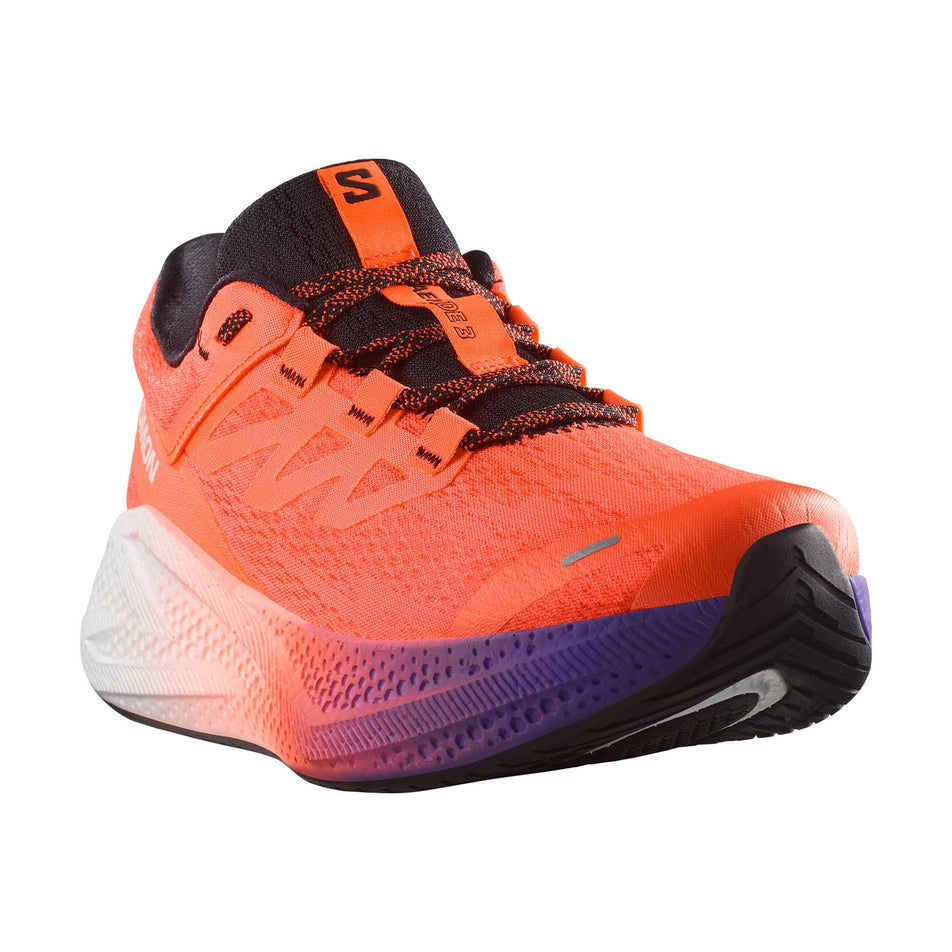 The right shoe from a pair of Salomon Men's Aero Glide 3 Running Shoes in the Neon Flame/White/Black colourway. (8783447195810)