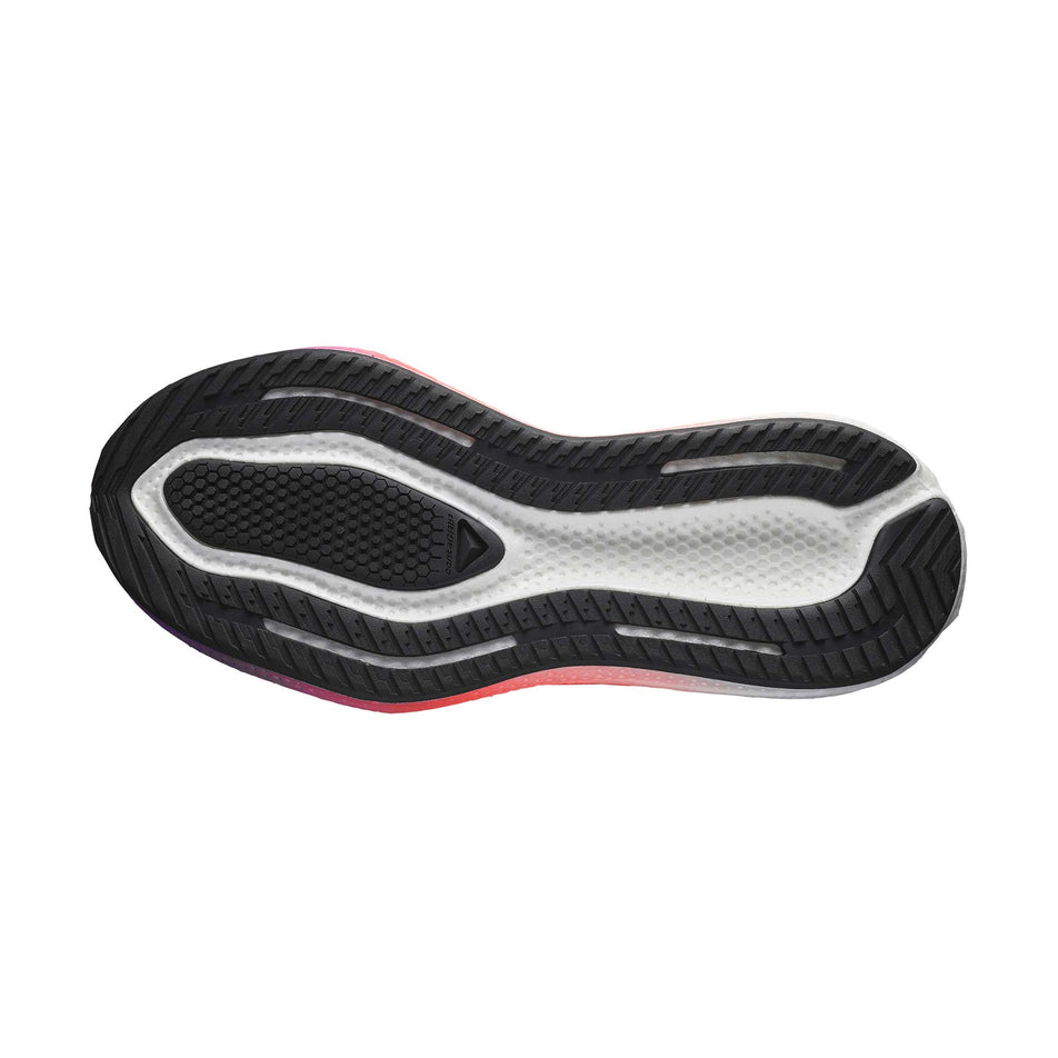 The outsole of the left shoe from a pair of Salomon Men's Aero Glide 3 Running Shoes in the Neon Flame/White/Black colourway. (8783447195810)