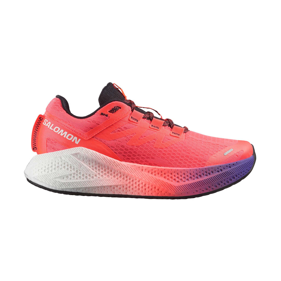 Lateral view of the right shoe from a pair of Salomon Women's Aero Glide 3 Running Shoes in the Neon Flame/White/Black colourway. (8783549956258)