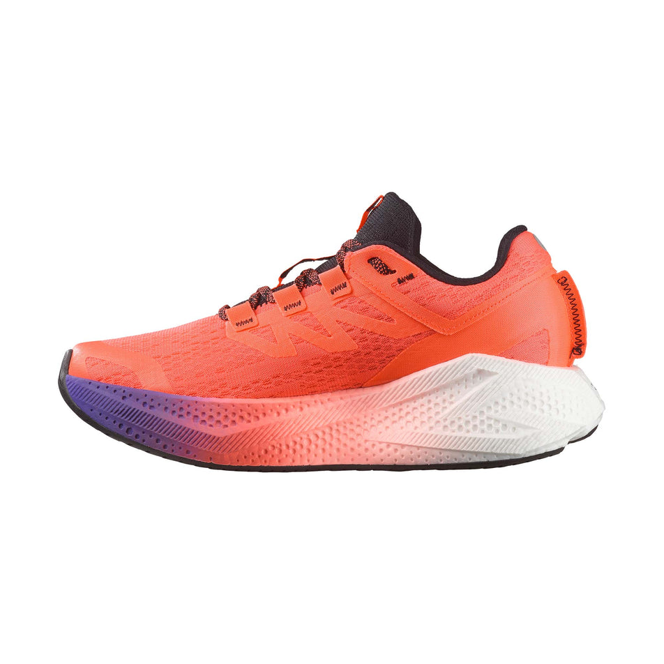 Medial view of the right shoe from a pair of Salomon Women's Aero Glide 3 Running Shoes in the Neon Flame/White/Black colourway. (8783549956258)