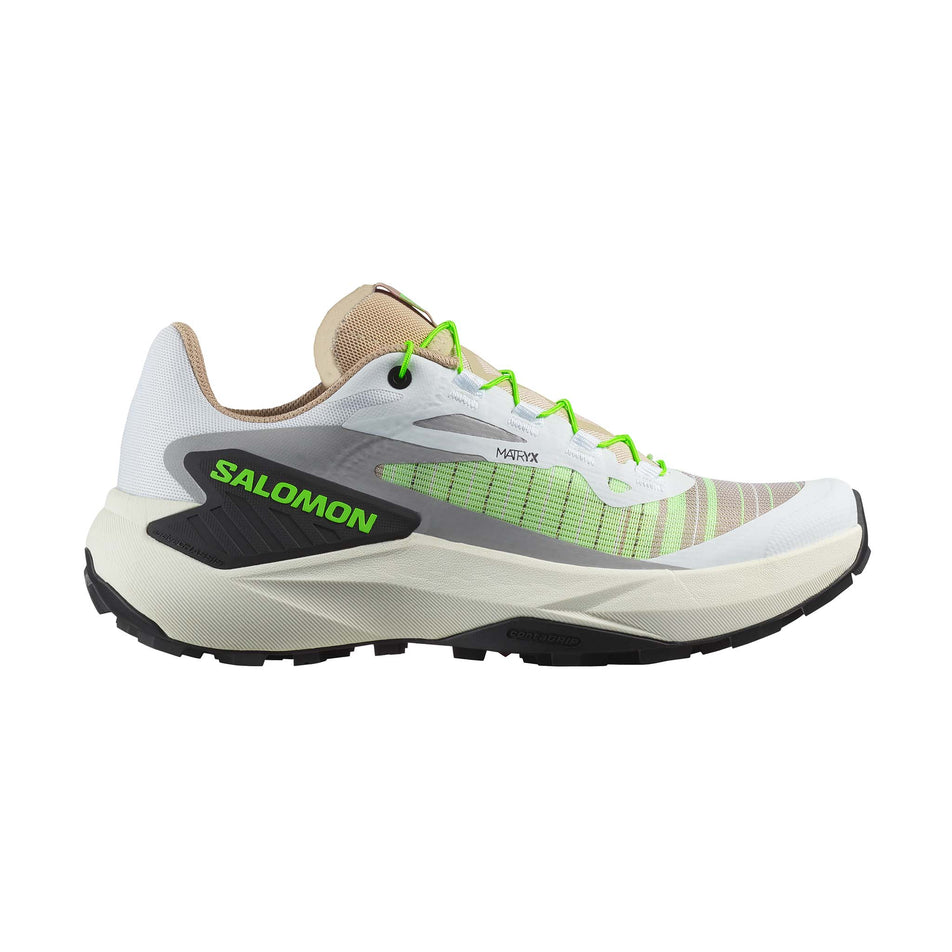 Lateral view of the right shoe from a pair of Salomon Women's Genesis Running Shoes in the White/Oxford Tan/Green Gecko colourway. (8721038737570)