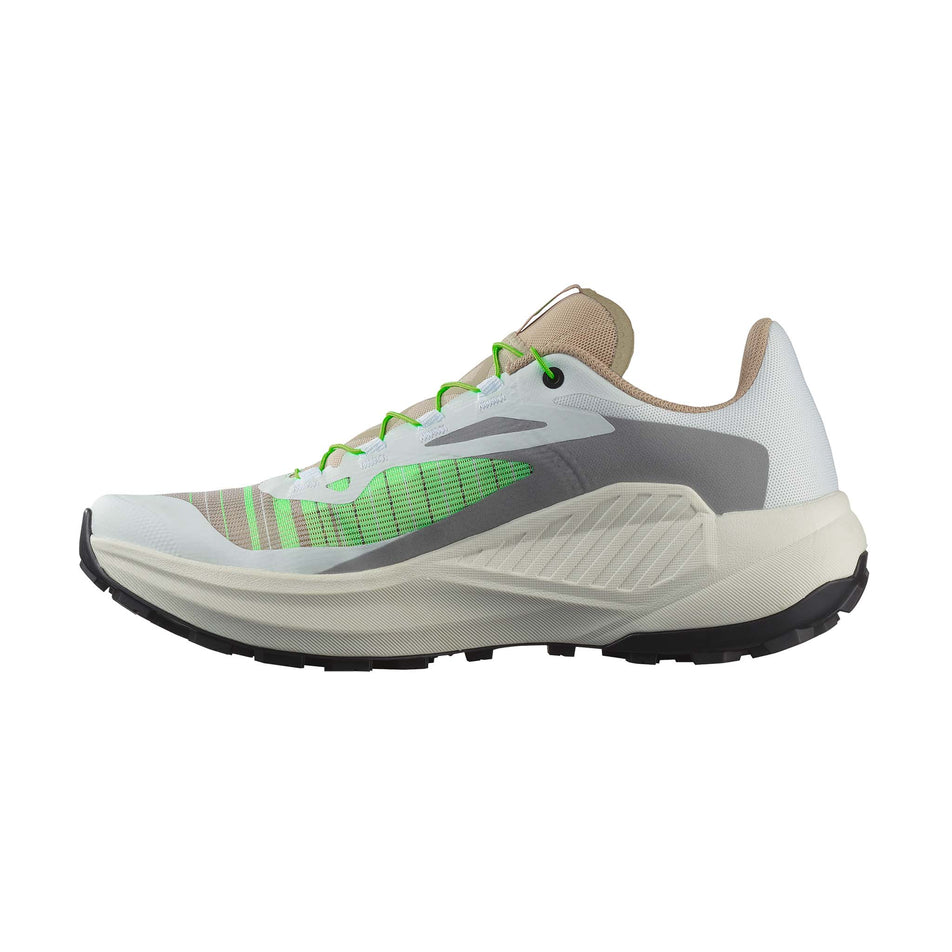 Medial view of the right shoe from a pair of Salomon Women's Genesis Running Shoes in the White/Oxford Tan/Green Gecko colourway. (8721038737570)