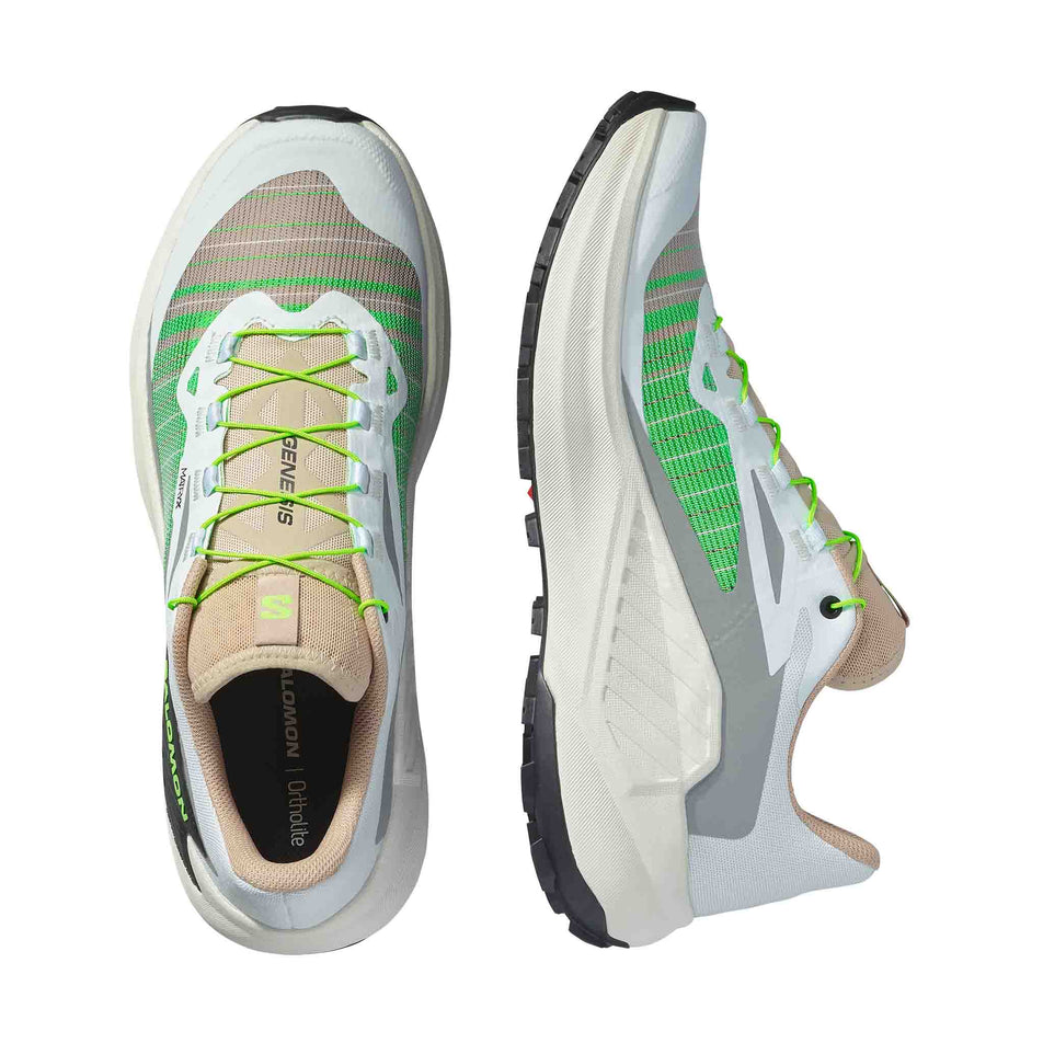 A pair of Salomon Women's Genesis Running Shoes in the White/Oxford Tan/Green Gecko colourway. (8721038737570)