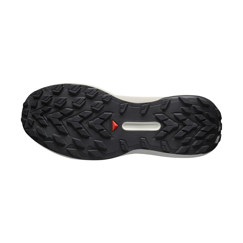 The outsole of the right shoe from a pair of Salomon Women's Genesis Running Shoes in the White/Oxford Tan/Green Gecko colourway. (8721038737570)