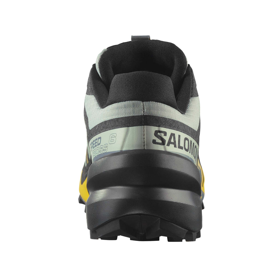 Back view of the right shoe from a pair of Salomon Men's Speedcross 6 Running Shoes in the Wrought Iron/Black/Incaberry colourway. (8721007313058)