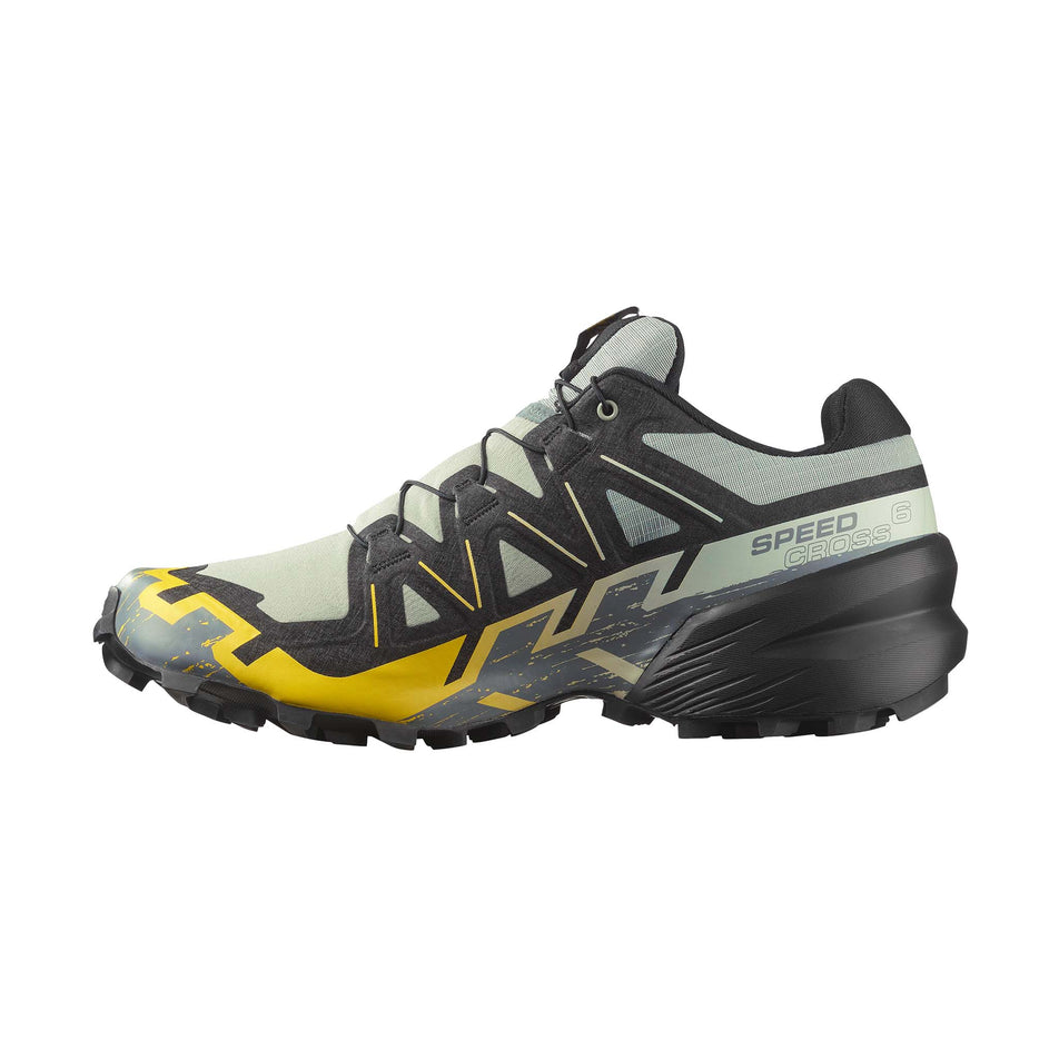 Medial view of the right shoe from a pair of Salomon Men's Speedcross 6 Running Shoes in the Wrought Iron/Black/Incaberry colourway. (8721007313058)