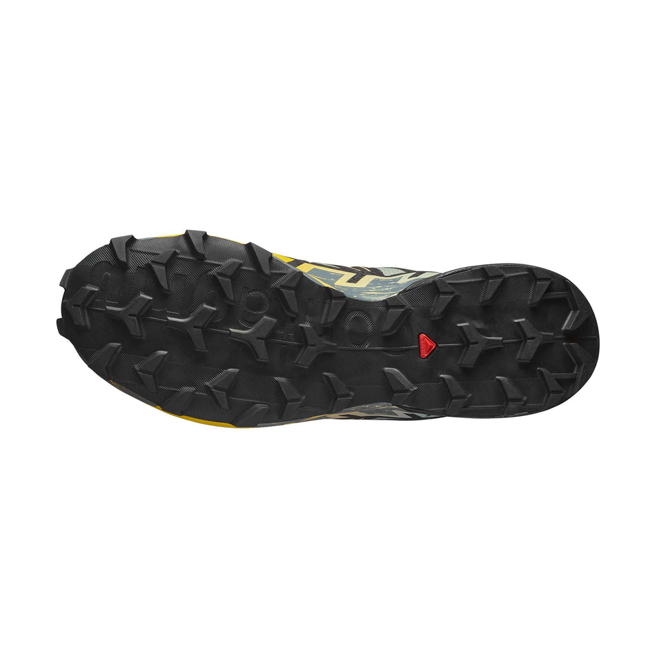 The outsole of the right shoe from a pair of Salomon Men's Speedcross 6 Running Shoes in the Wrought Iron/Black/Incaberry colourway. (8721007313058)