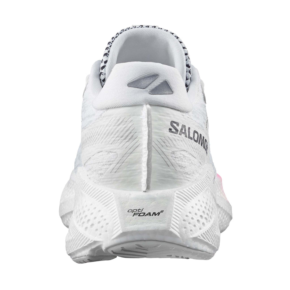 The back of the right shoe from a pair of Salomon Men's Aero Glide 4 Running Shoes in the White/White/Black colourway.