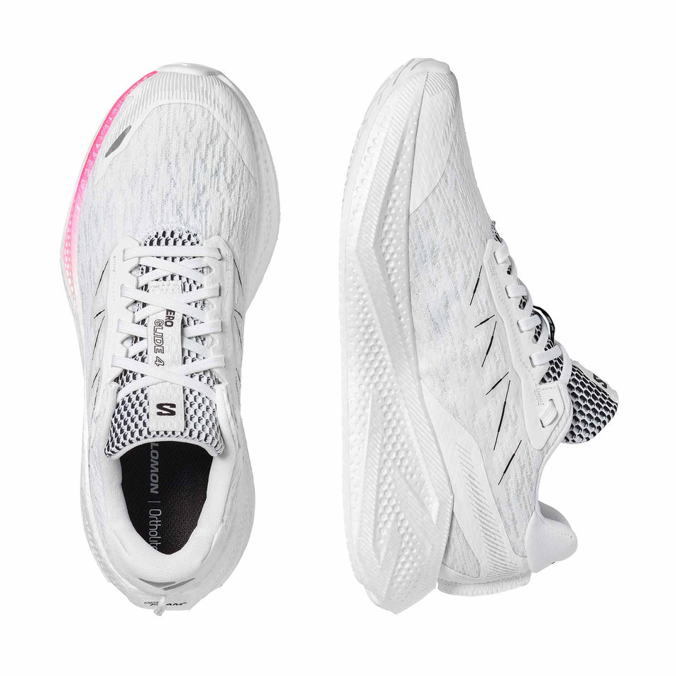 A pair of Salomon Men's Aero Glide 4 Running Shoes in the White/White/Black colourway.