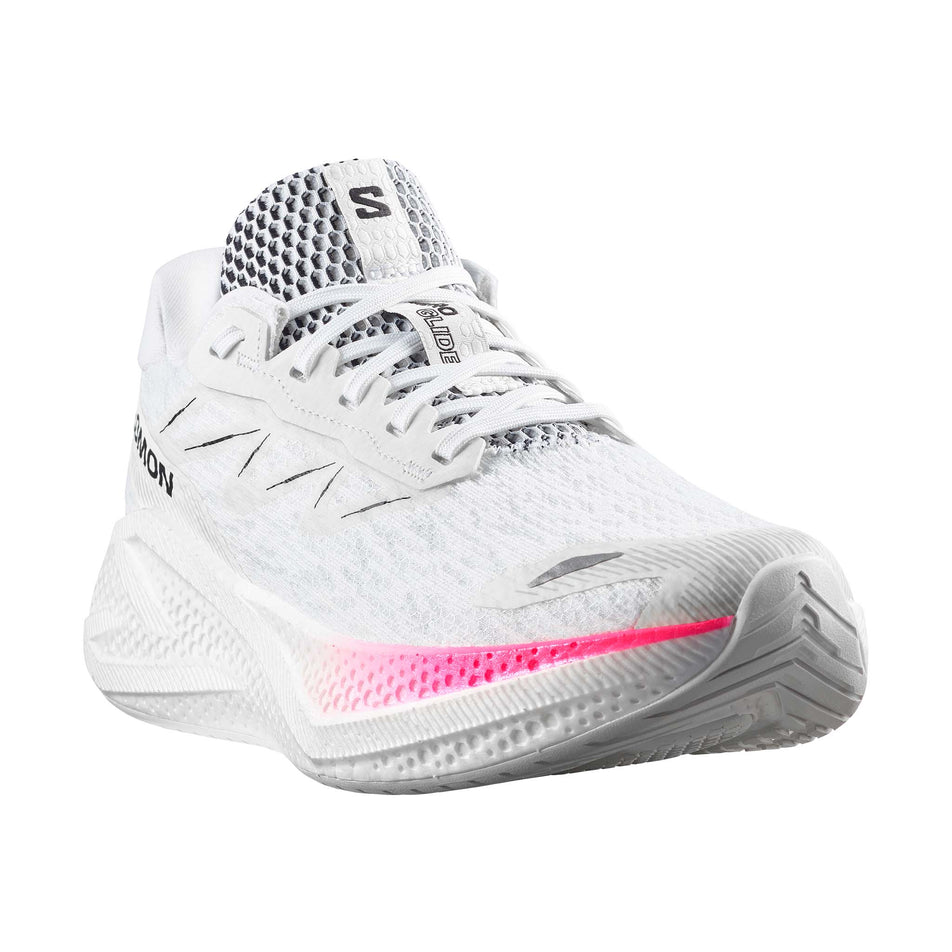 Lateral view of the right shoe from a pair of Salomon Men's Aero Glide 4 Running Shoes in the White/White/Black colourway.