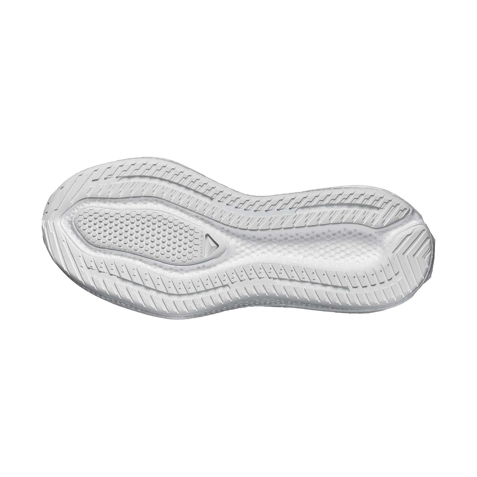The outsole of the right shoe from a pair of Salomon Men's Aero Glide 4 Running Shoes in the White/White/Black colourway.