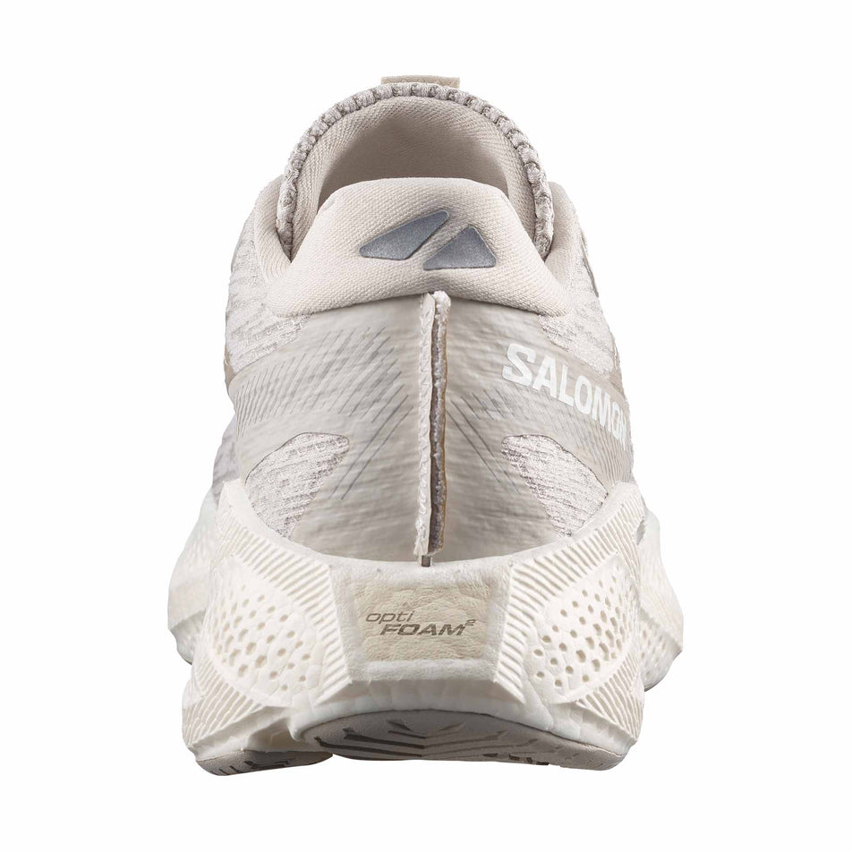 The back of the right shoe from a pair of Salomon Men's Aero Glide 4 Running Shoes in Silver Cloud/Silver Cloud/White colourway.