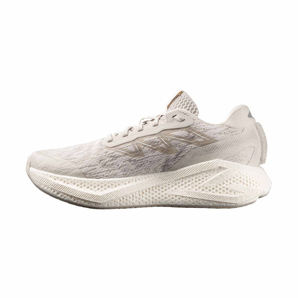 Medial view of the right shoe from a pair of Salomon Men's Aero Glide 4 Running Shoes in Silver Cloud/Silver Cloud/White colourway.