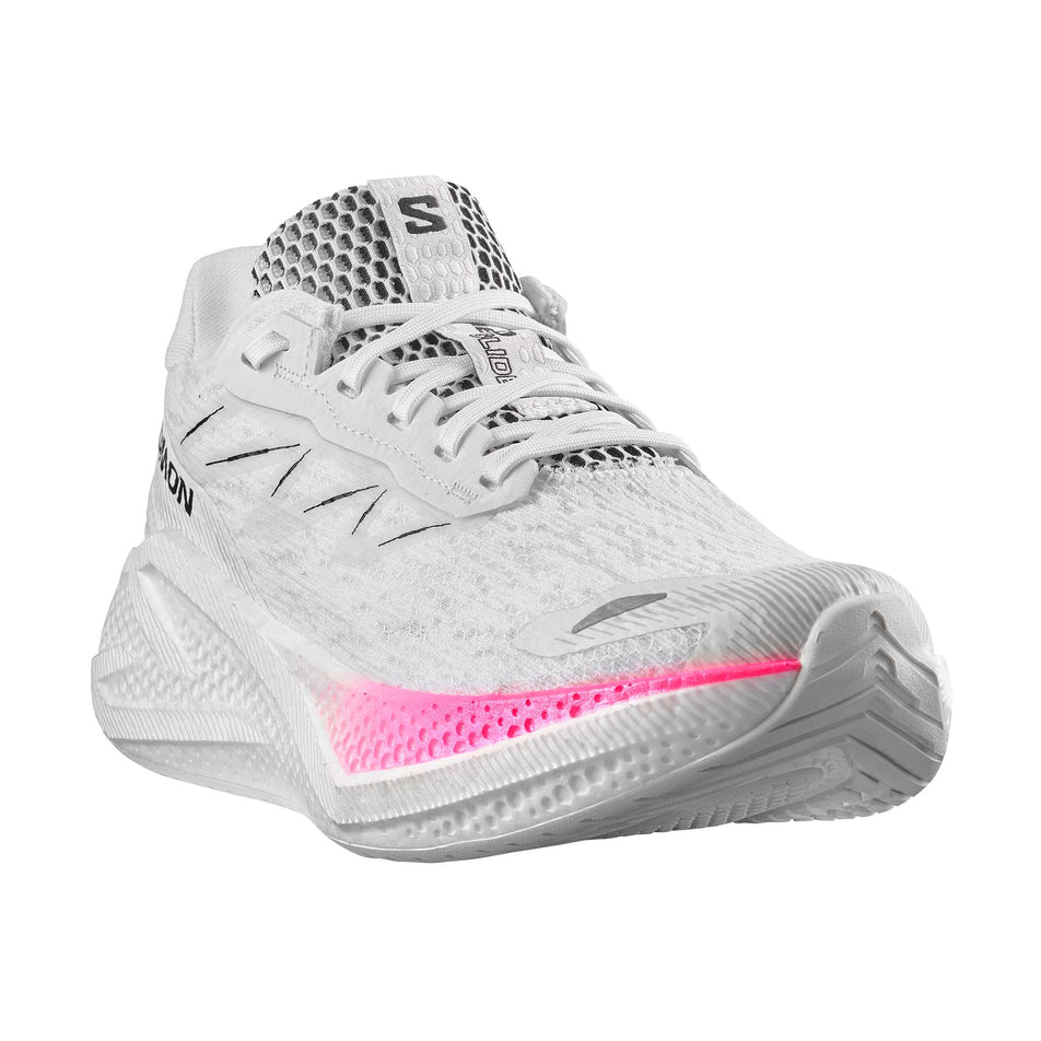 Lateral view of the right shoe from a pair of Salomon Women's Aero Glide 4 Running Shoes in the White/White/Black colourway.
