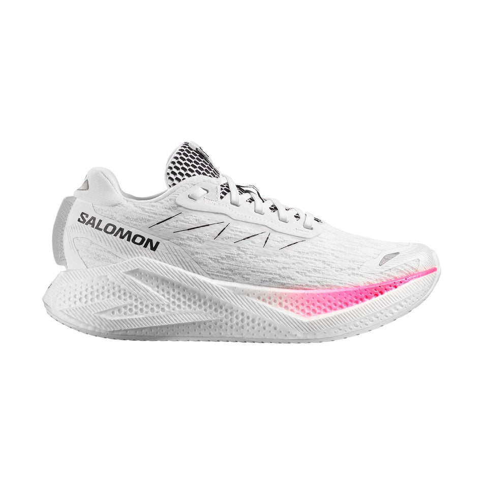 Lateral view of the right shoe from a pair of Salomon Women's Aero Glide 4 Running Shoes in the White/White/Black colourway.