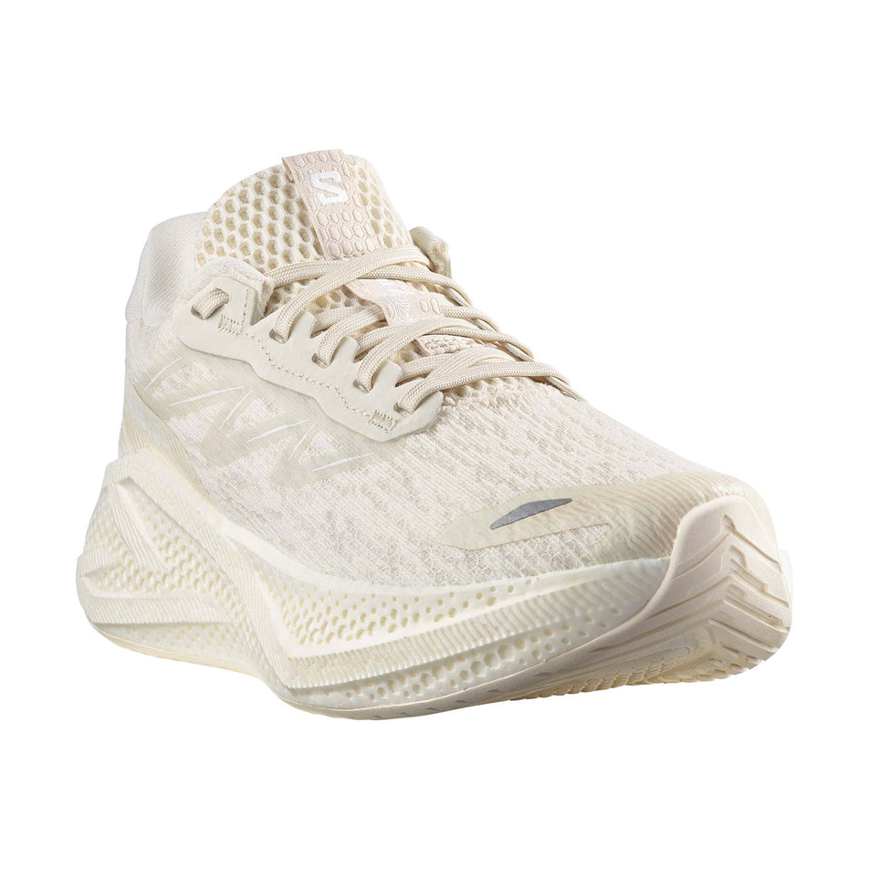Lateral view of the right shoe from a pair of Salomon Women's Aero Glide 4 Running Shoes in the Vanilla Ice/Vanilla Ice/White colourway.