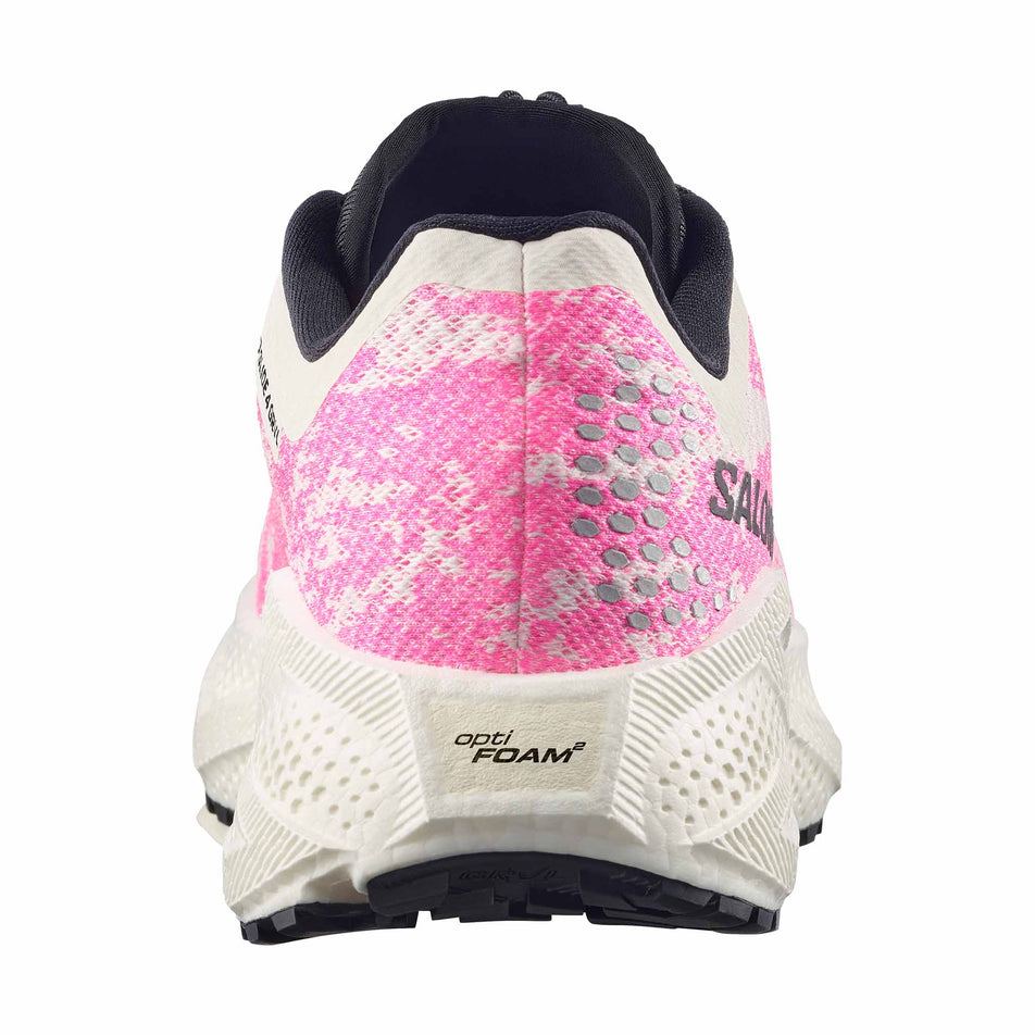 The back of the right shoe from a pair of Salomon Men's Aero Glide 4 GRVL Running Shoes in the Vanilla Ice/Knockout Pink/Black colourway.