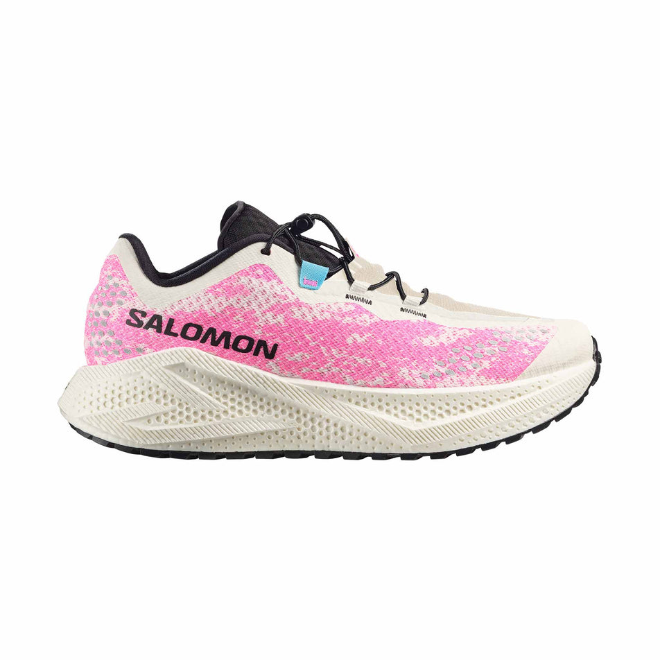 Lateral view of the right shoe from a pair of Salomon Men's Aero Glide 4 GRVL Running Shoes in the Vanilla Ice/Knockout Pink/Black colourway.