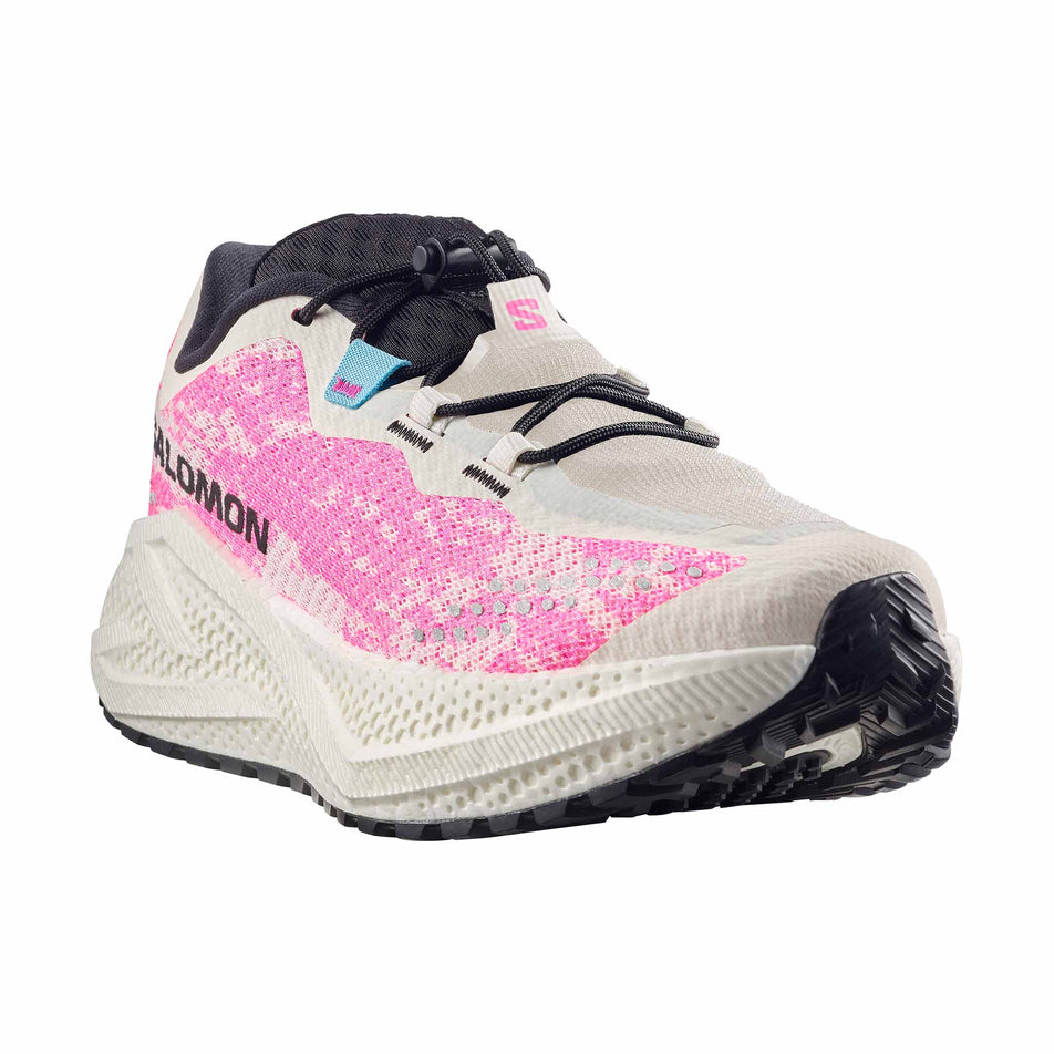 Lateral view of the right shoe from a pair of Salomon Women's Aero Glide 4 GRVL Running Shoes in the Vanilla Ice/Knockout Pink/Black colourway.