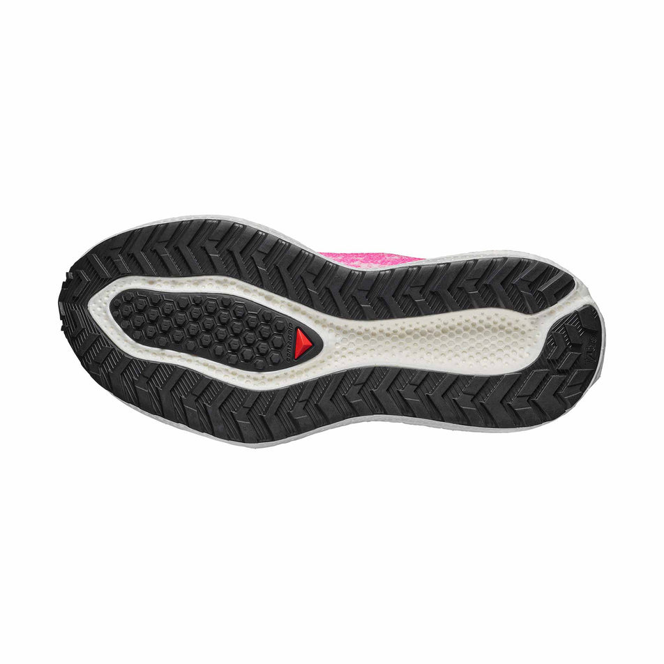 The outsole of the left shoe from a pair of Salomon Women's Aero Glide 4 GRVL Running Shoes in the Vanilla Ice/Knockout Pink/Black colourway.
