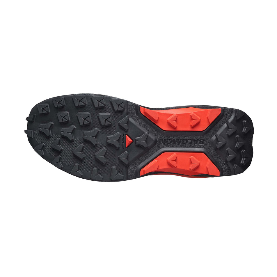 The outsole of the right shoe from a pair of Salomon Unisex S/Lab Genesis 2 Trail Running Shoes in the Black/Black colourway.