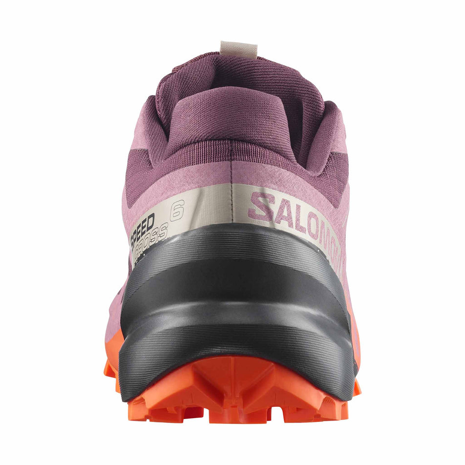 The back of the right shoe from a pair of Salomon Women's Speedcross 6 Trail Running Shoes in the Huckleberry/Dusky Orchid colourway.