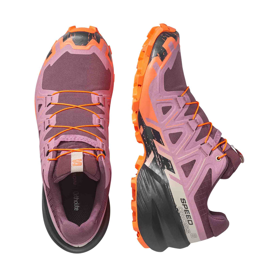 A pair of Salomon Women's Speedcross 6 Trail Running Shoes in the Huckleberry/Dusky Orchid colourway.