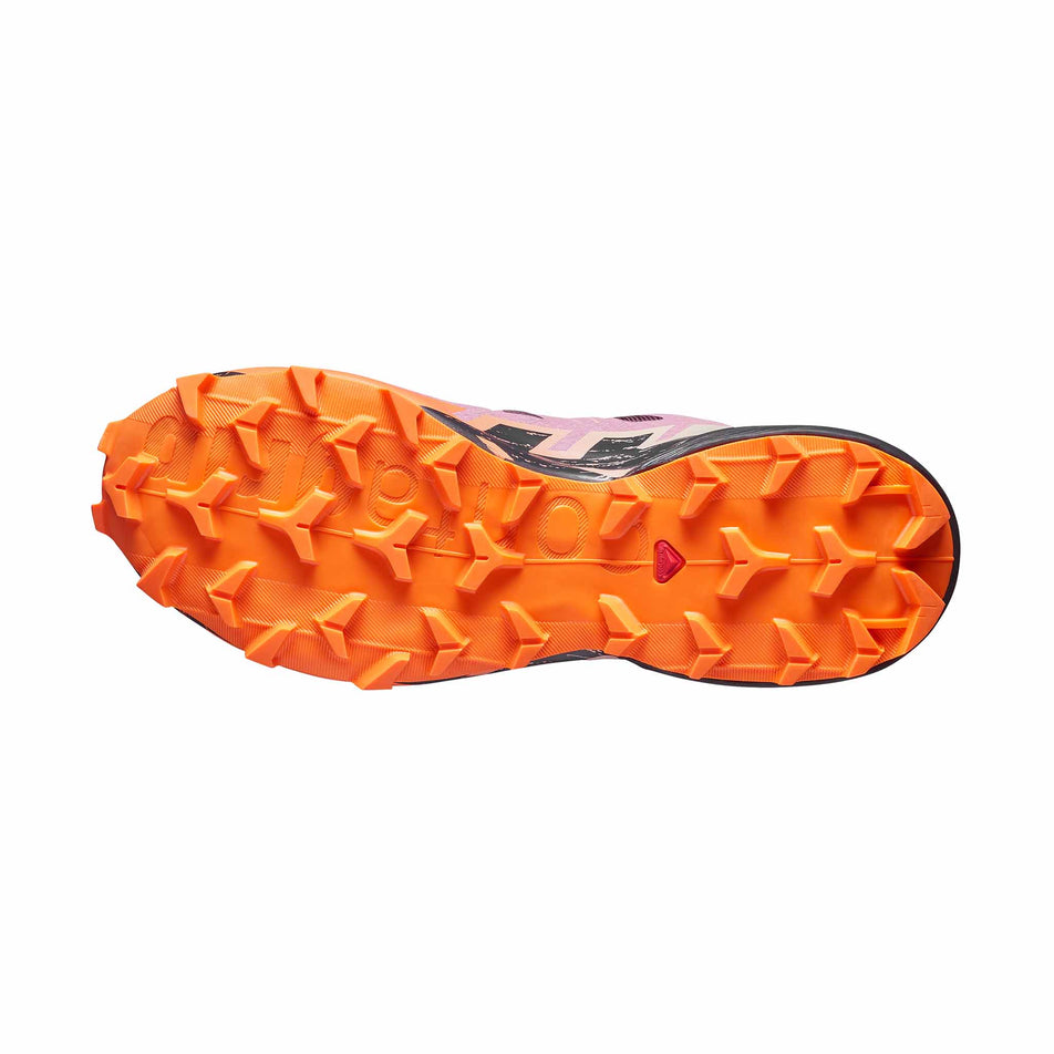 The outsole of the right shoe from a pair of Salomon Women's Speedcross 6 Trail Running Shoes in the Huckleberry/Dusky Orchid colourway.
