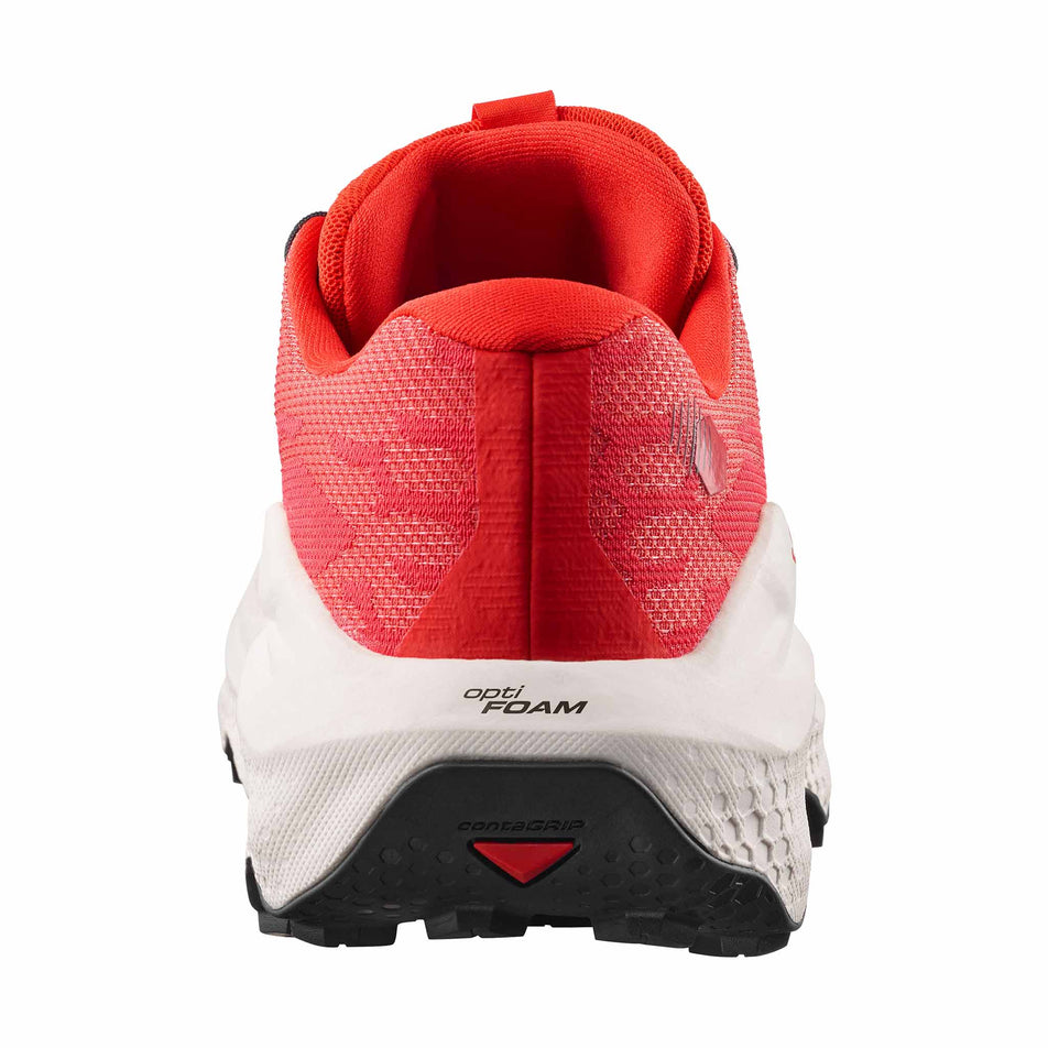 The back of the right shoe from a pair of Salomon Men's Ultra Glide 4 Running Shoes in the Fiery Red/Vanilla Ice/Black colourway.