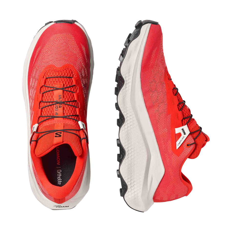 A pair of Salomon Men's Ultra Glide 4 Running Shoes in the Fiery Red/Vanilla Ice/Black colourway.