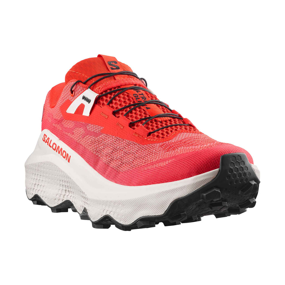 Lateral view of the right shoe from a pair of Salomon Men's Ultra Glide 4 Running Shoes in the Fiery Red/Vanilla Ice/Black colourway.