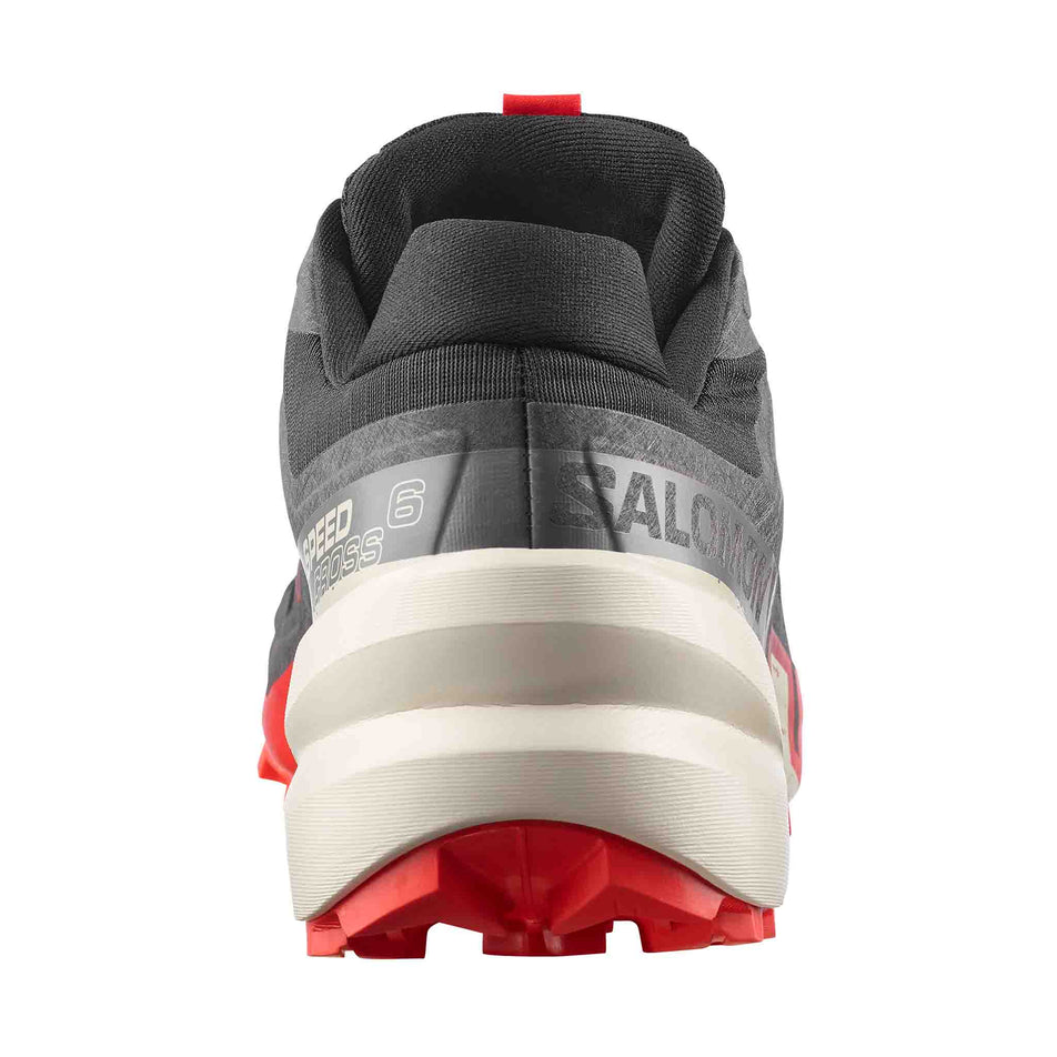 The back of the right shoe from a pair of Salomon Men's Speedcross 6 Running Shoes in the Black/Fiery Red/Almond Milk colourway.