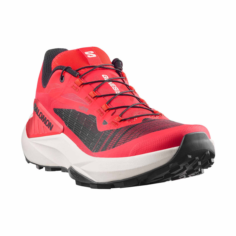 Lateral view of the right shoe from a pair of Salomon Men's Genesis Running Shoes in the Fiery Red/Lava Falls/Black colourway.