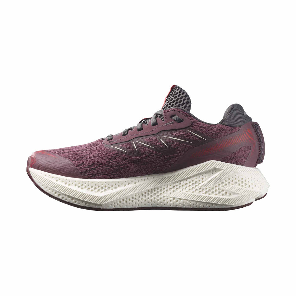 Medial view of the right shoe from a pair of Salomon Women's Aero Glide 4 Running Shoes in the Huckleberry/Vanilla Ice colourway.