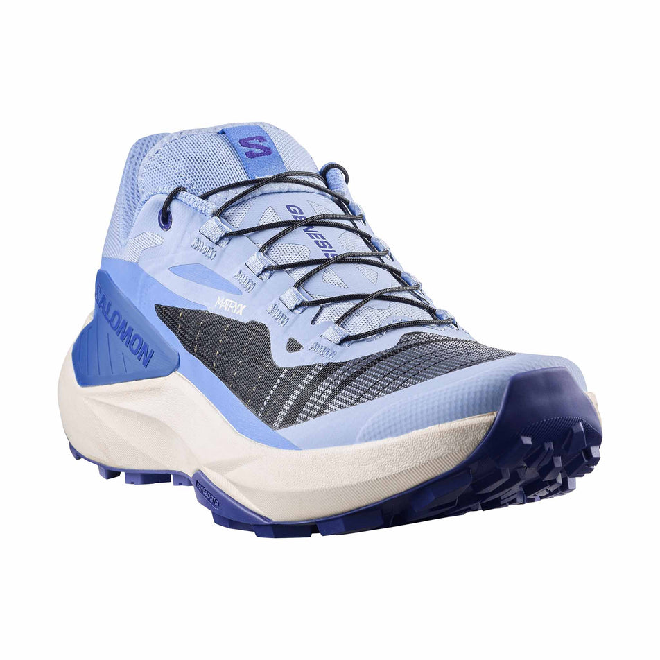 Lateral view of the right shoe from a pair of Salomon Women's Genesis Running Shoes in the Brunnera Blue/Persian Jewel/Deep Blue colourway.