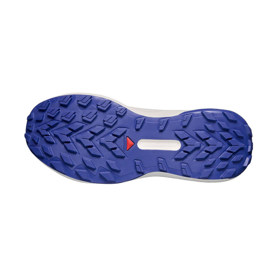 The outsole of the right shoe from a pair of Salomon Women's Genesis Running Shoes in the Brunnera Blue/Persian Jewel/Deep Blue colourway.
