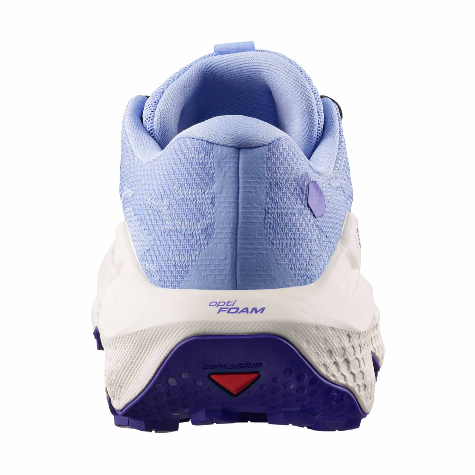 The back of the right shoe from a pair of Salomon Women's Ultra Glide 4 Running Shoes in the Brunnera Blue/Vanilla Ice/Deep Blue colourway.