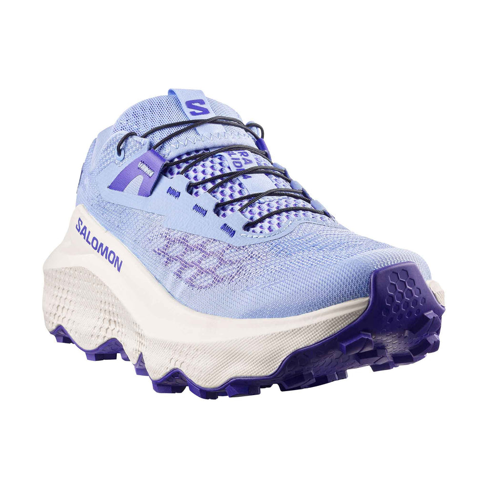 Lateral view of the right shoe from a pair of Salomon Women's Ultra Glide 4 Running Shoes in the Brunnera Blue/Vanilla Ice/Deep Blue colourway.